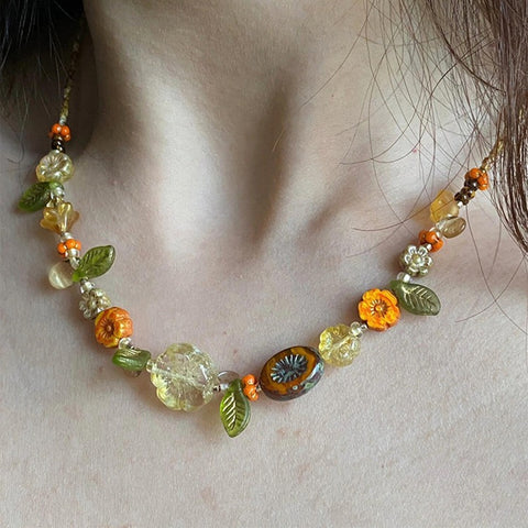 Cottagecore Flower Necklace, Fairycore Czech Glass Beaded Necklace, Floral Nature Necklace, Island Sunset Jewelry Necklace AL1074