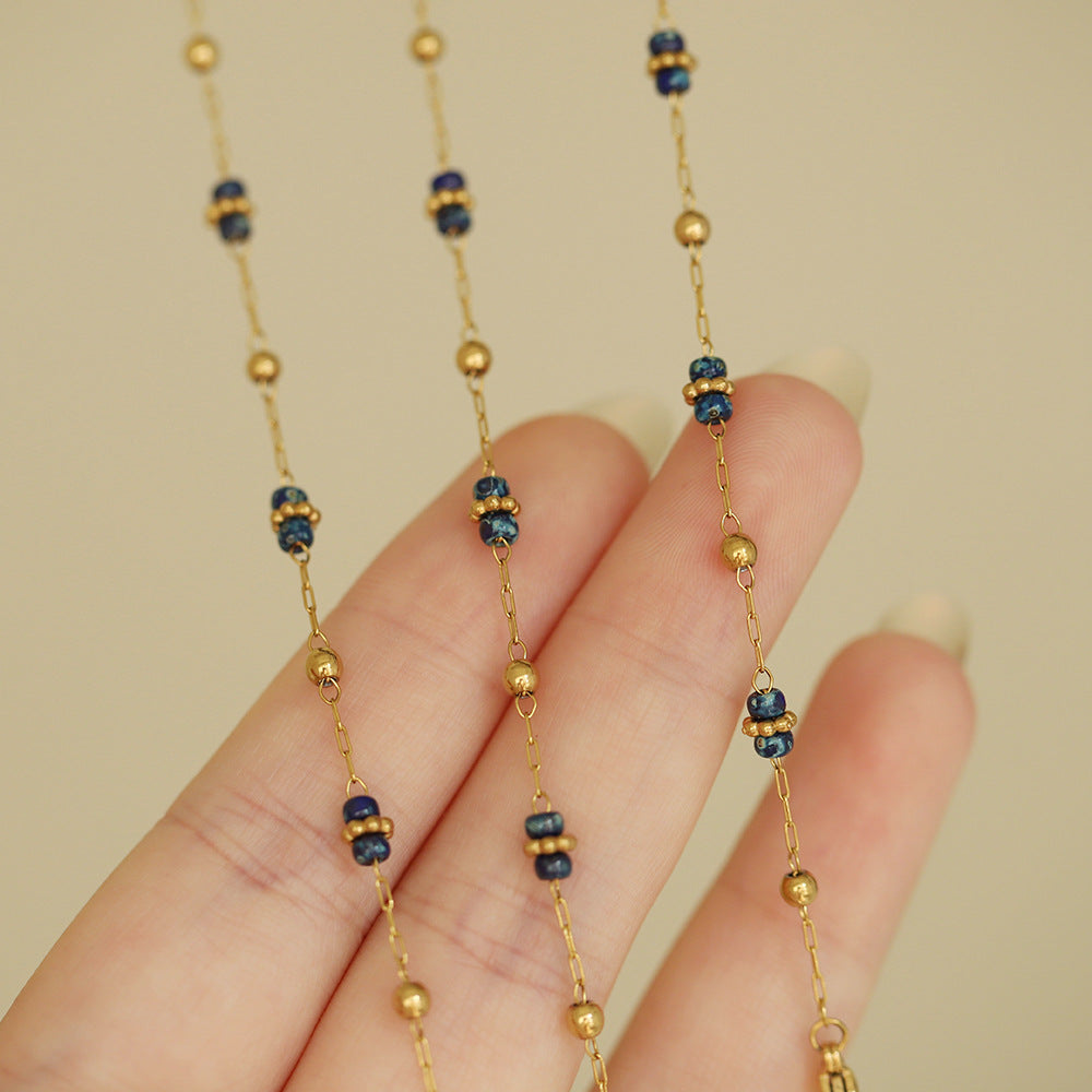 Starry Sky Blue Miyuki & Gold Beads Necklace/Bracelet, Vintage Style Jewelry, Titanium Stainless Steel Necklace AL1075