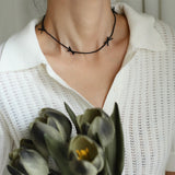 15" Unique Black Quartz Beaded With Bow Knot Choker Necklace, Titanium Stainless Steel Handmade Jewelry Necklace AL1076