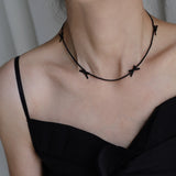 15" Unique Black Quartz Beaded With Bow Knot Choker Necklace, Titanium Stainless Steel Handmade Jewelry Necklace AL1076