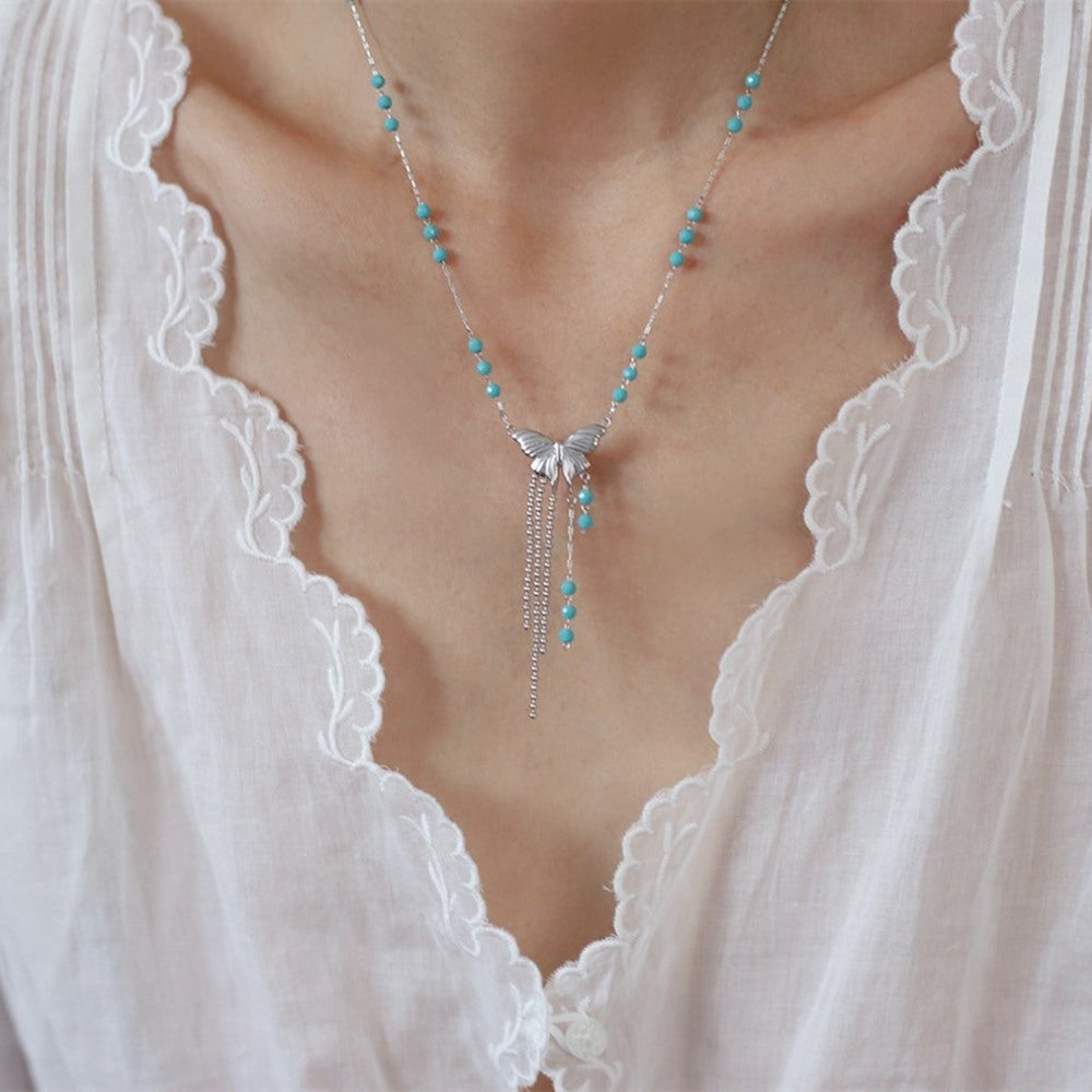 Blue Beads Silver Butterfly Tassel Necklace, Titanium Steel Waterproof Jewelry Necklace AL1085