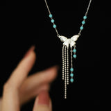 Blue Beads Silver Butterfly Tassel Necklace, Titanium Steel Waterproof Jewelry Necklace AL1085