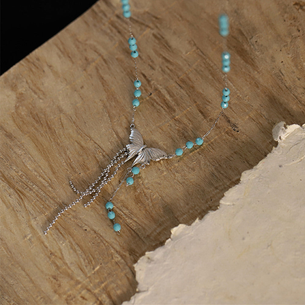 Blue Beads Silver Butterfly Tassel Necklace, Titanium Steel Waterproof Jewelry Necklace AL1085