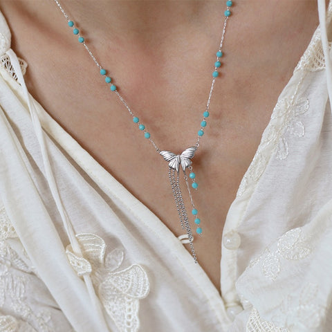 Blue Beads Silver Butterfly Tassel Necklace, Titanium Steel Waterproof Jewelry Necklace AL1085