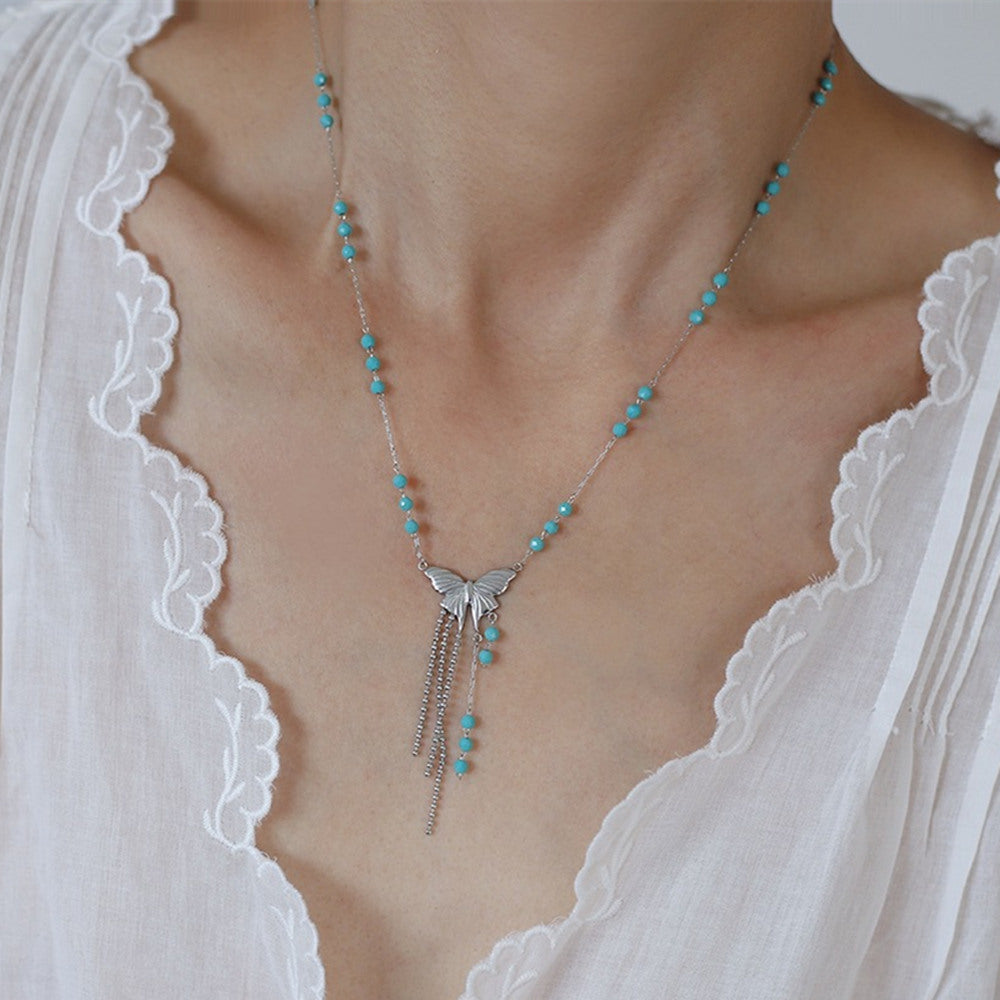 Blue Beads Silver Butterfly Tassel Necklace, Titanium Steel Waterproof Jewelry Necklace AL1085