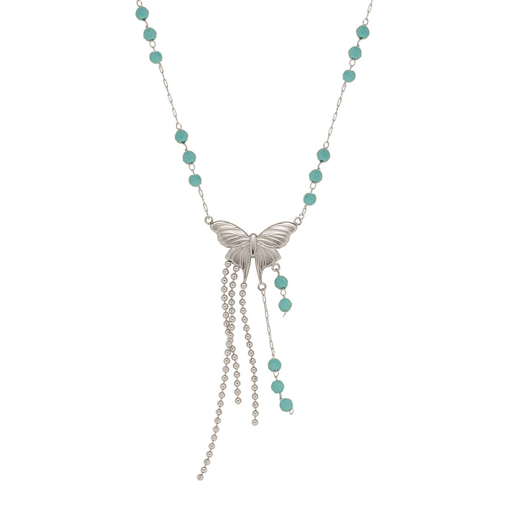 Blue Beads Silver Butterfly Tassel Necklace, Titanium Steel Waterproof Jewelry Necklace AL1085