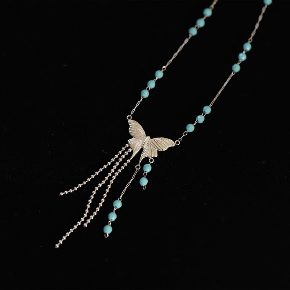 Blue Beads Silver Butterfly Tassel Necklace, Titanium Steel Waterproof Jewelry Necklace AL1085