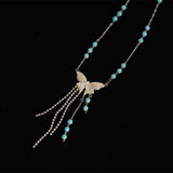 Blue Beads Silver Butterfly Tassel Necklace, Titanium Steel Waterproof Jewelry Necklace AL1085