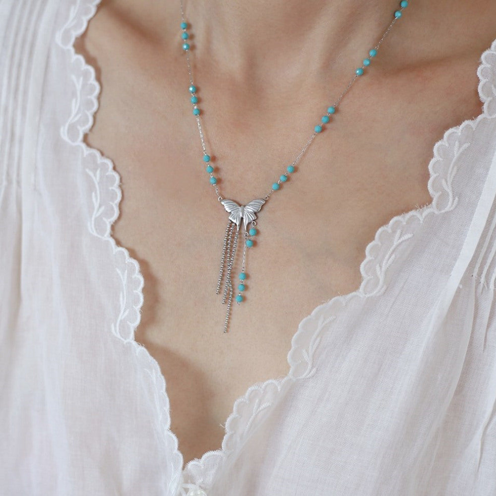 Blue Beads Silver Butterfly Tassel Necklace, Titanium Steel Waterproof Jewelry Necklace AL1085