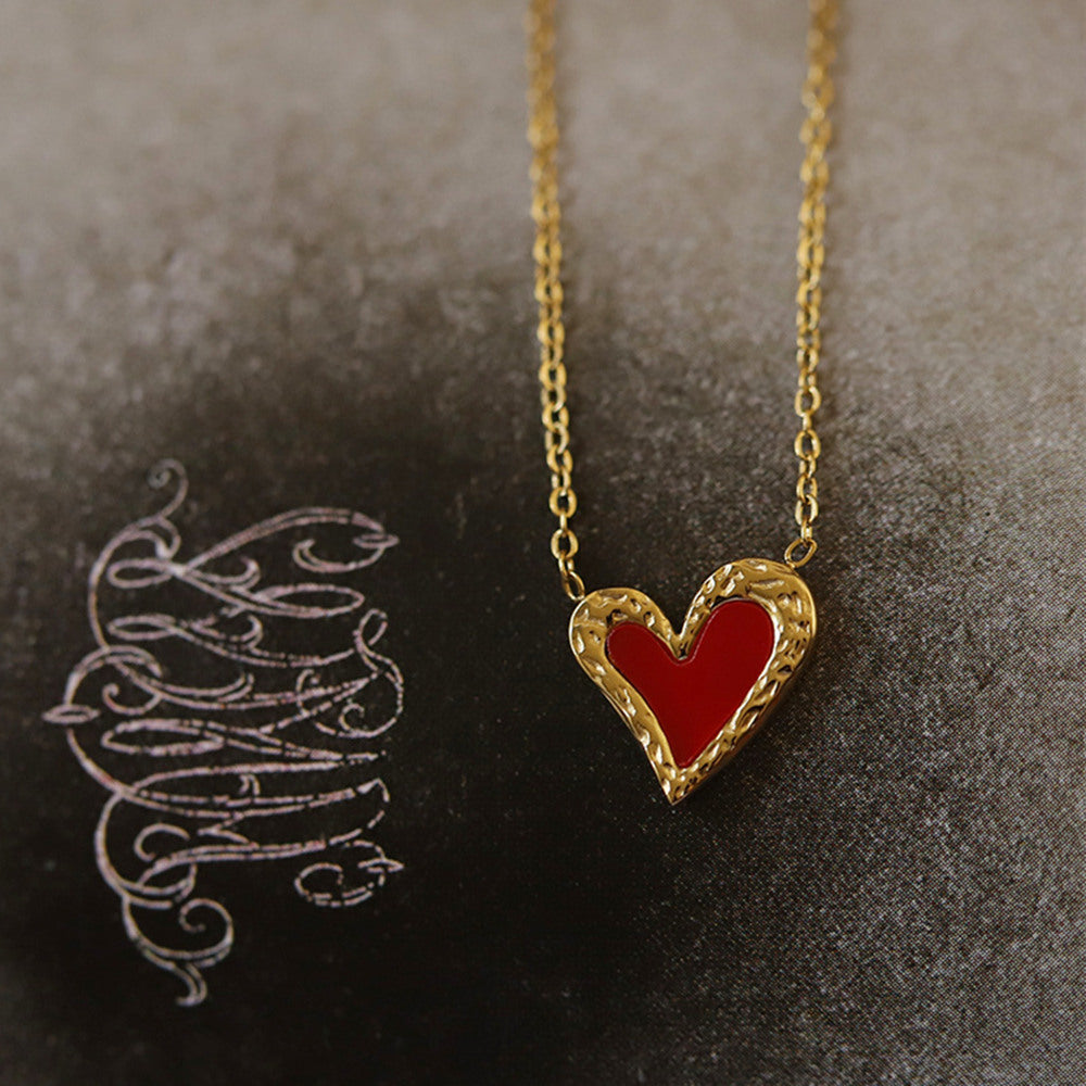 Dainty Irregular Red Aacrylic Heart Gold Pendant Necklace, Titanium Steel Waterproof Jewelry Necklace AL1086