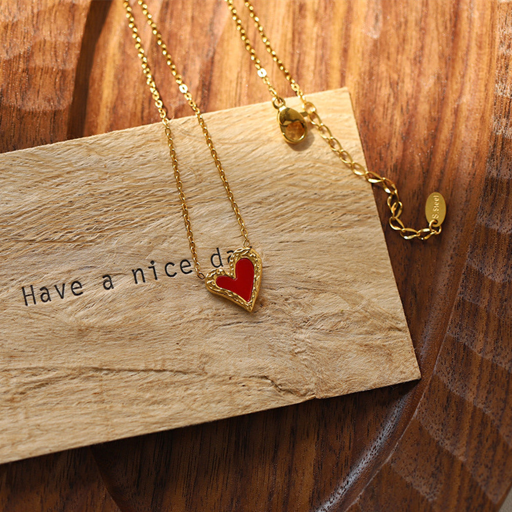 Dainty Irregular Red Aacrylic Heart Gold Pendant Necklace, Titanium Steel Waterproof Jewelry Necklace AL1086