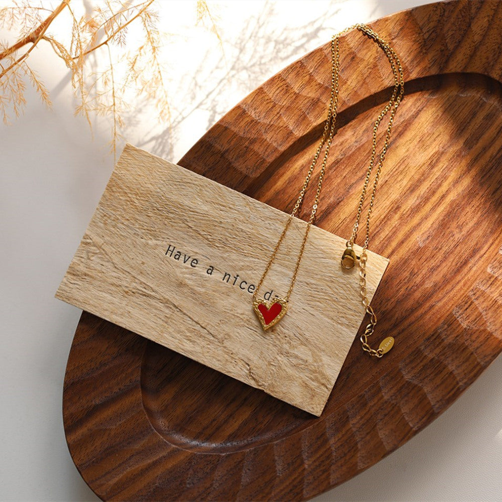 Dainty Irregular Red Aacrylic Heart Gold Pendant Necklace, Titanium Steel Waterproof Jewelry Necklace AL1086