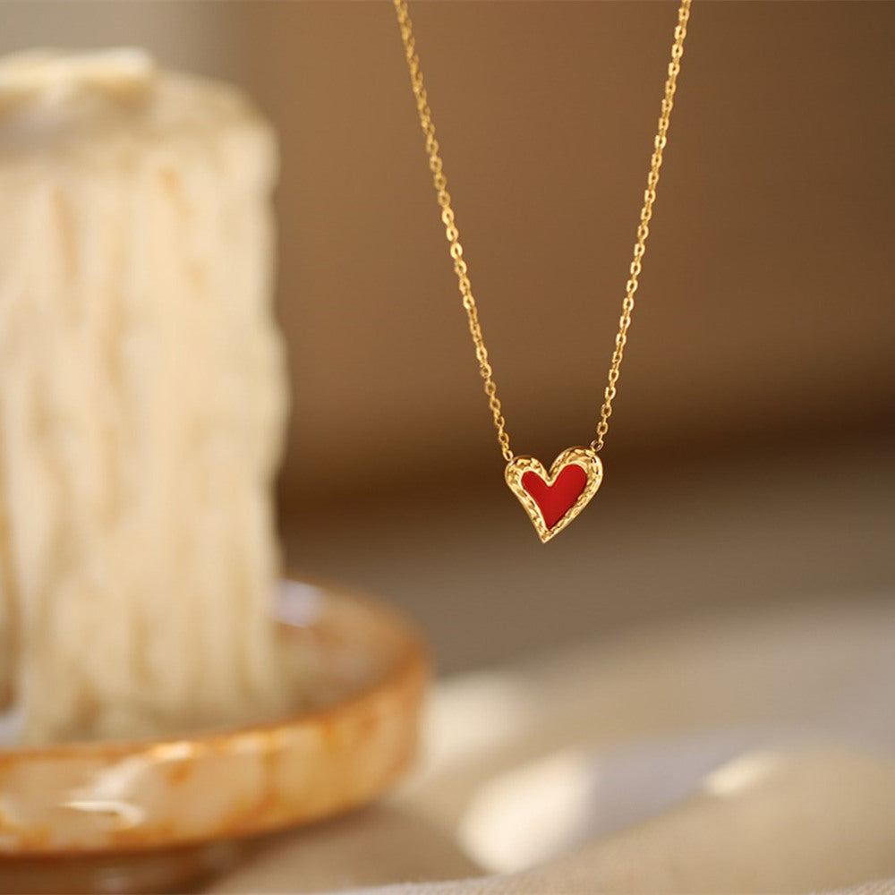 Dainty Irregular Red Aacrylic Heart Gold Pendant Necklace, Titanium Steel Waterproof Jewelry Necklace AL1086