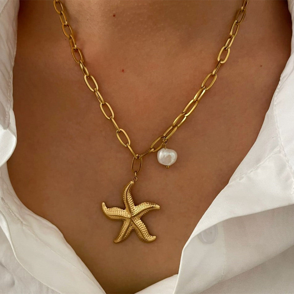 16" Ocean Starfish Turtle Seashell Pearl Gold Heart Pendant Stainless Steel Necklace, Waterproof Summer Beach Jewelry AL1087