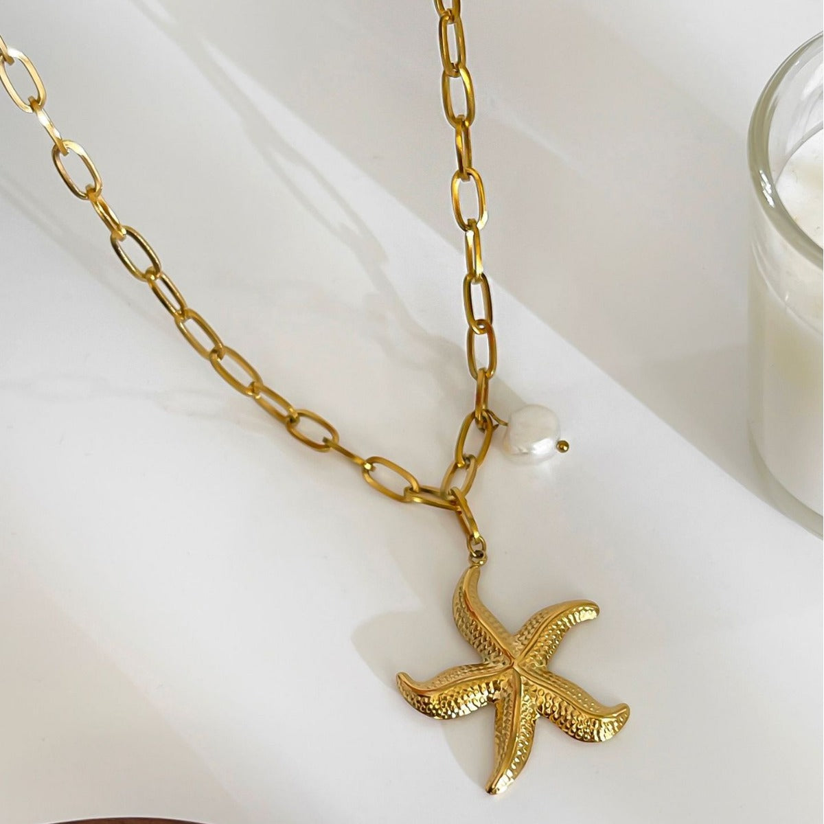 16" Ocean Starfish Turtle Seashell Pearl Gold Heart Pendant Stainless Steel Necklace, Waterproof Summer Beach Jewelry AL1087