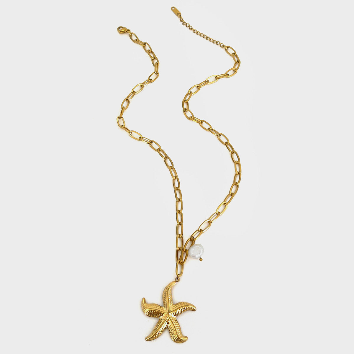 16" Ocean Starfish Turtle Seashell Pearl Gold Heart Pendant Stainless Steel Necklace, Waterproof Summer Beach Jewelry AL1087