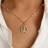 Dainty Gold Full Zircon Virgin Mary Pendant Stainless Steel Necklace, CZ Heart Love Angel Wing Necklace Jewelry AL1088