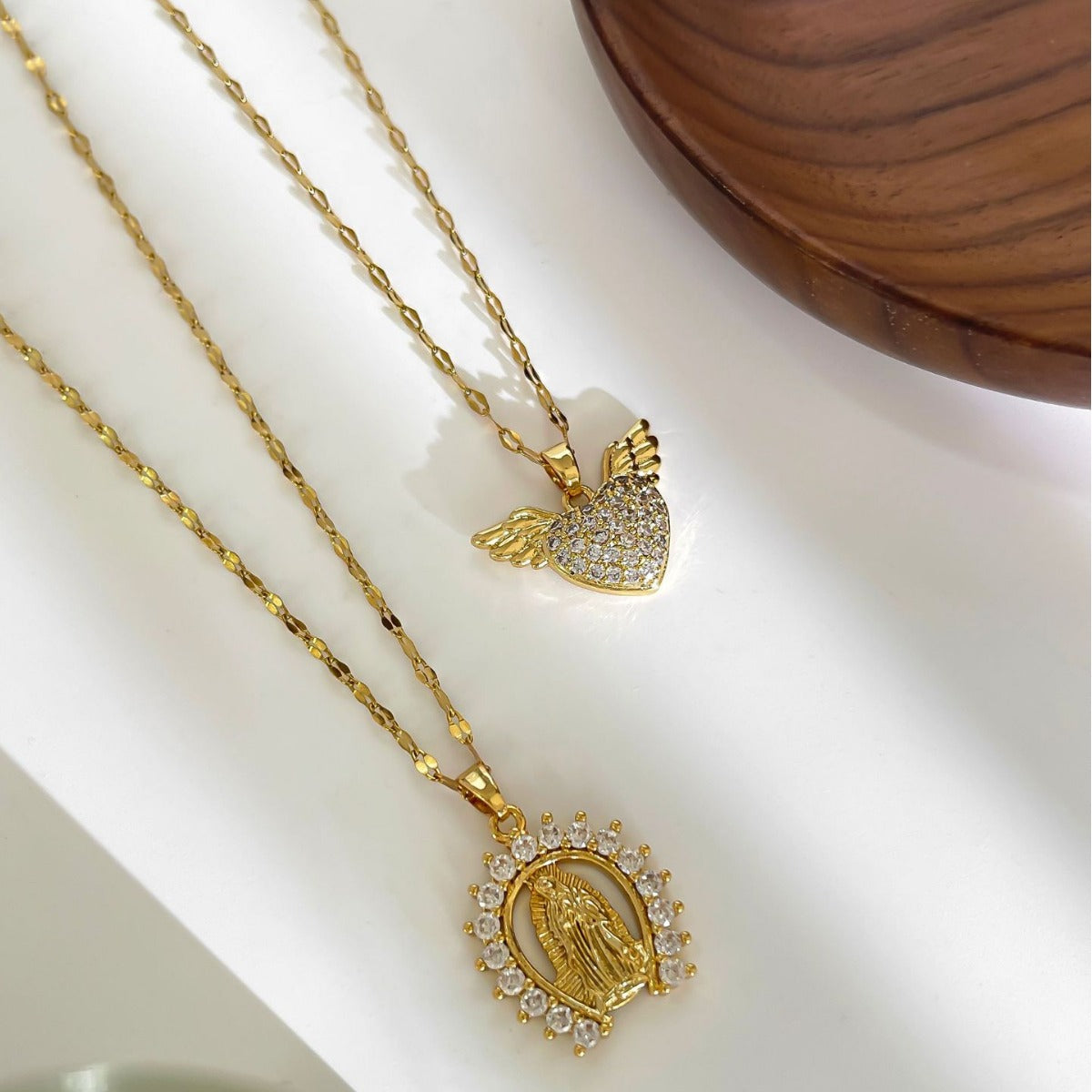 Dainty Gold Full Zircon Virgin Mary Pendant Stainless Steel Necklace, CZ Heart Love Angel Wing Necklace Jewelry AL1088