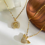 Dainty Gold Full Zircon Virgin Mary Pendant Stainless Steel Necklace, CZ Heart Love Angel Wing Necklace Jewelry AL1088