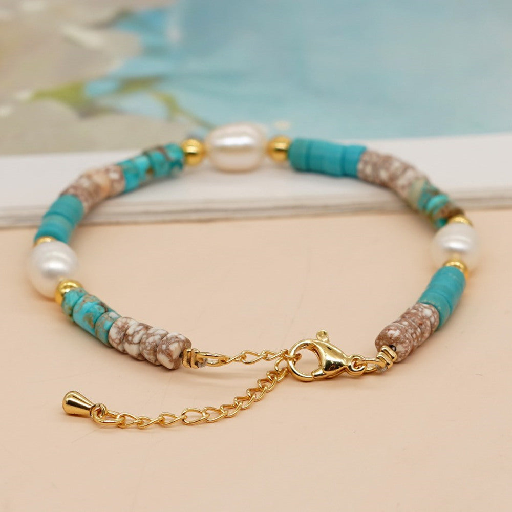 Blue Stone Heishi Beaded Bracelet Freshwater Pearls Beach Jewelry Bracelet AL1091