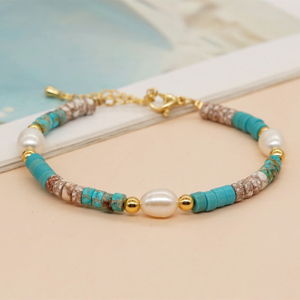 Blue Stone Heishi Beaded Bracelet Freshwater Pearls Beach Jewelry Bracelet AL1091