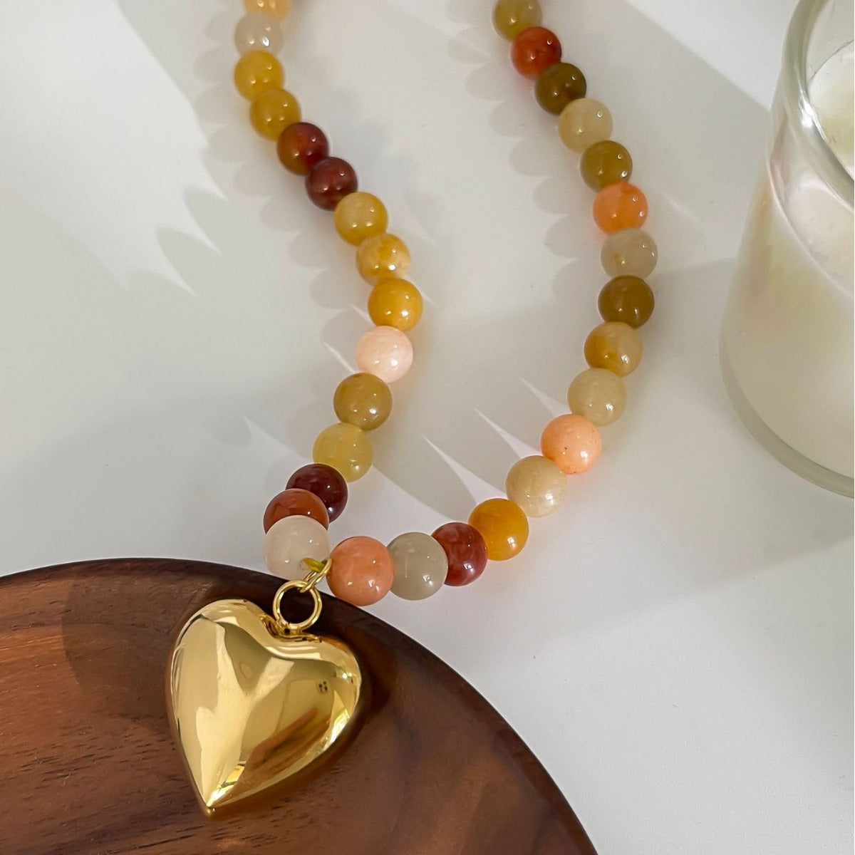 Rainbow Natural Stone Beads Gold Heart Pendant Necklace, Stainless Steel Waterproof Jewelry AL1093