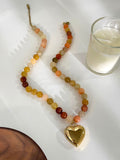 Rainbow Natural Stone Beads Gold Heart Pendant Necklace, Stainless Steel Waterproof Jewelry AL1093