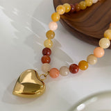 Rainbow Natural Stone Beads Gold Heart Pendant Necklace, Stainless Steel Waterproof Jewelry AL1093