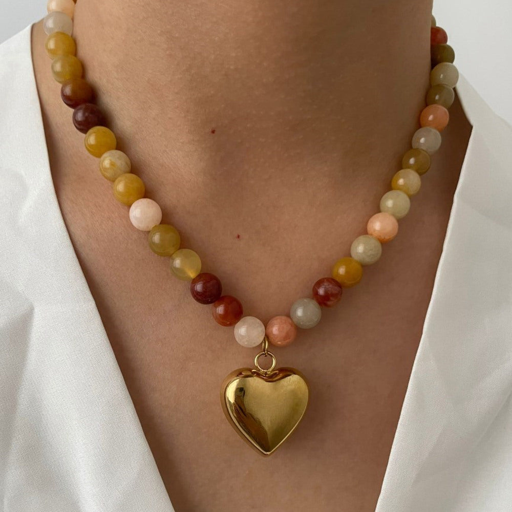 Rainbow Natural Stone Beads Gold Heart Pendant Necklace, Stainless Steel Waterproof Jewelry AL1093