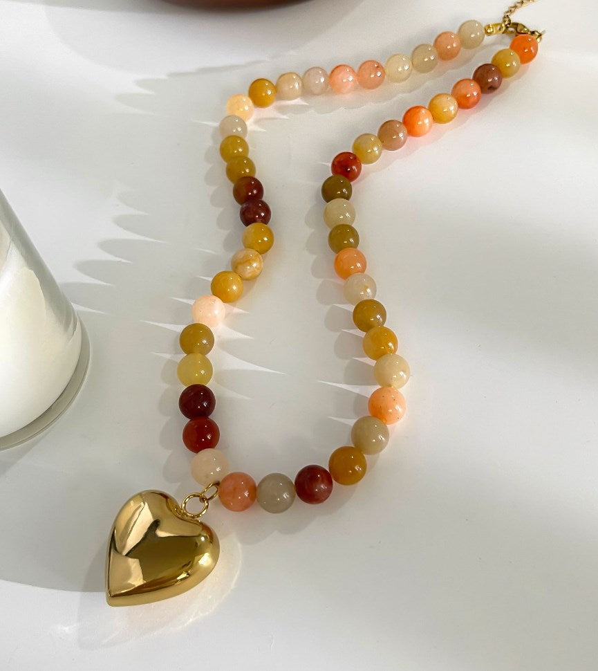 Rainbow Natural Stone Beads Gold Heart Pendant Necklace, Stainless Steel Waterproof Jewelry AL1093