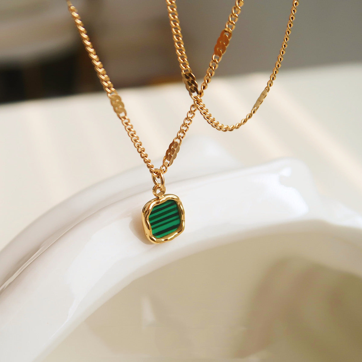 16" Gold Square Malachite Lace Edge Delicate Pendant Necklace, Titanium Steel Simple Jewelry Necklace AL1094