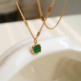 16" Gold Square Malachite Lace Edge Pendant Necklace, Titanium Steel Simple Jewelry Necklace AL1094