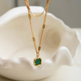 16" Gold Square Malachite Lace Edge Pendant Necklace, Titanium Steel Simple Jewelry Necklace AL1094