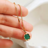 16" Gold Square Malachite Lace Edge Pendant Necklace, Titanium Steel Simple Jewelry Necklace AL1094