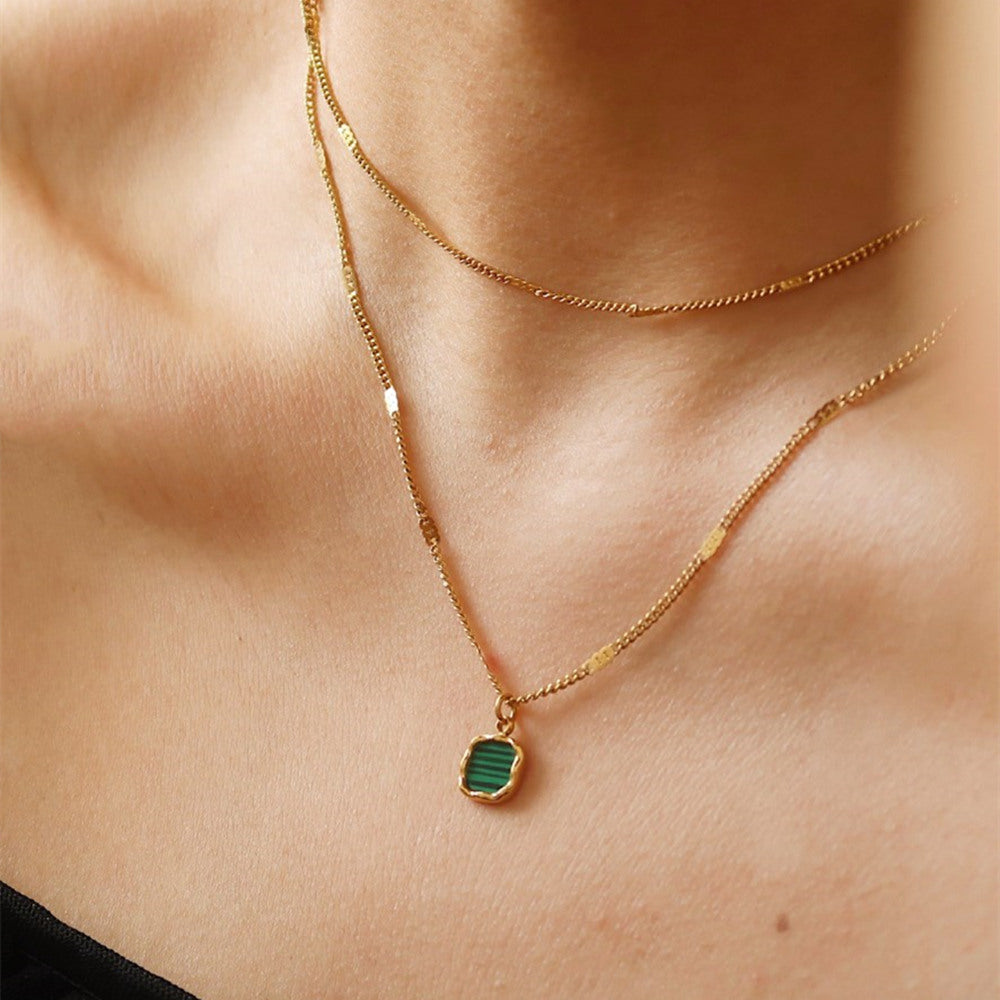 16" Gold Square Malachite Lace Edge Delicate Pendant Necklace, Titanium Steel Simple Jewelry Necklace AL1094