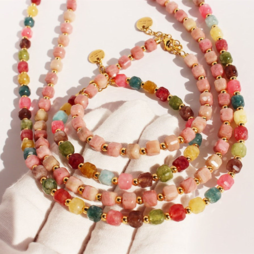 Bohemian Square Rainbow Natural Stones Crystals Beaded Necklace, Rainbow Tourmaline, Rhodonite, Handmade Boho Jewelry Necklace AL1100