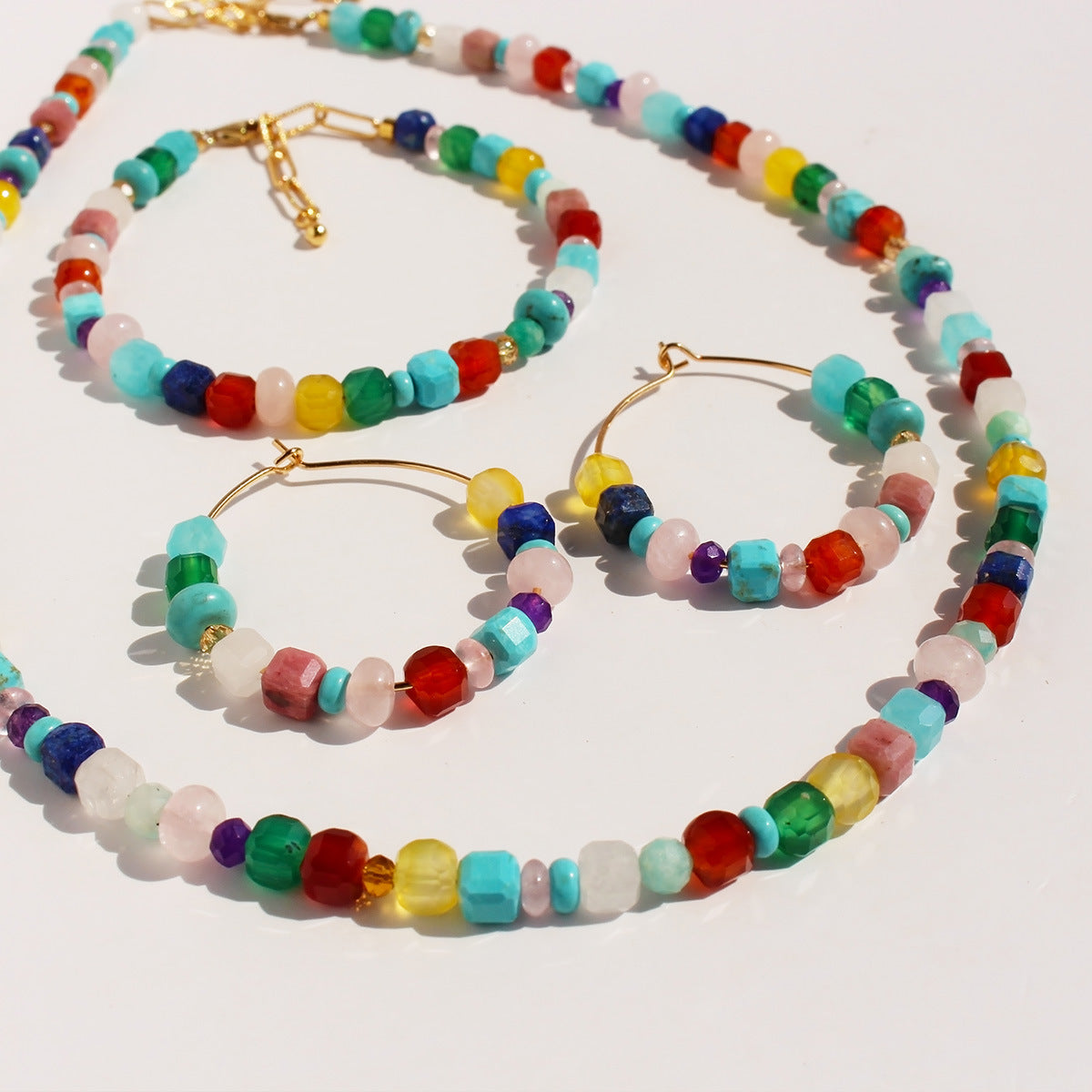 Bohemian Rainbow Natural Stones Crystals Square Beaded Necklace, Handmade Boho Jewelry Earrings AL1101