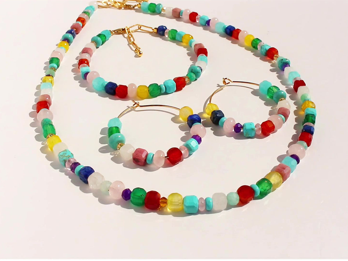 Bohemian Rainbow Natural Stones Crystals Square Beaded Necklace, Handmade Boho Jewelry Earrings AL1101