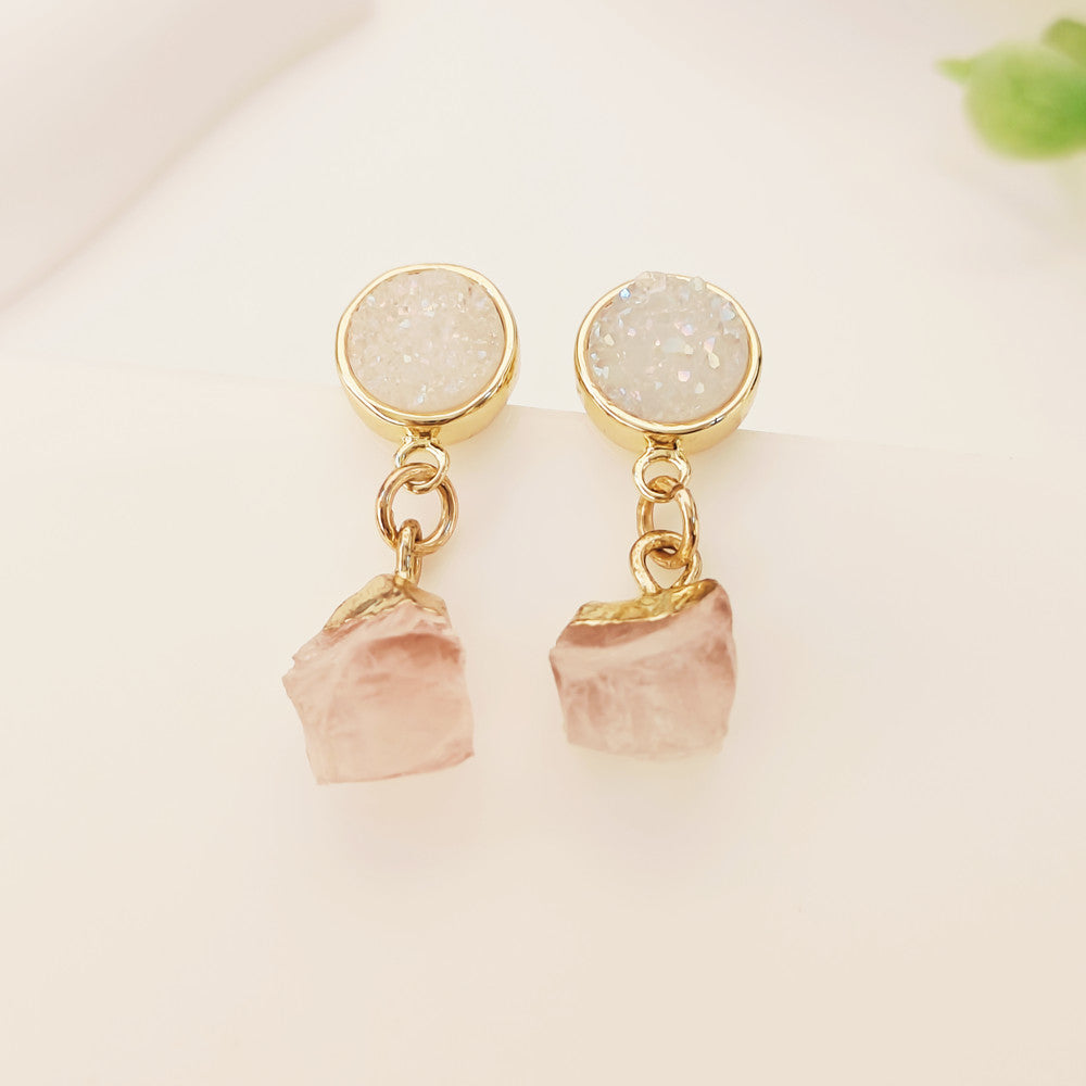 Custom Birthstone & Titanium Agate Druzy Stud Earrings, Gold Plated Raw Gemstone Crystals Personalized Jewelry Earrings AL1102