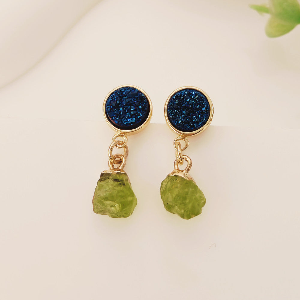 Custom Birthstone & Titanium Agate Druzy Stud Earrings, Gold Plated Raw Gemstone Crystals Personalized Jewelry Earrings AL1102