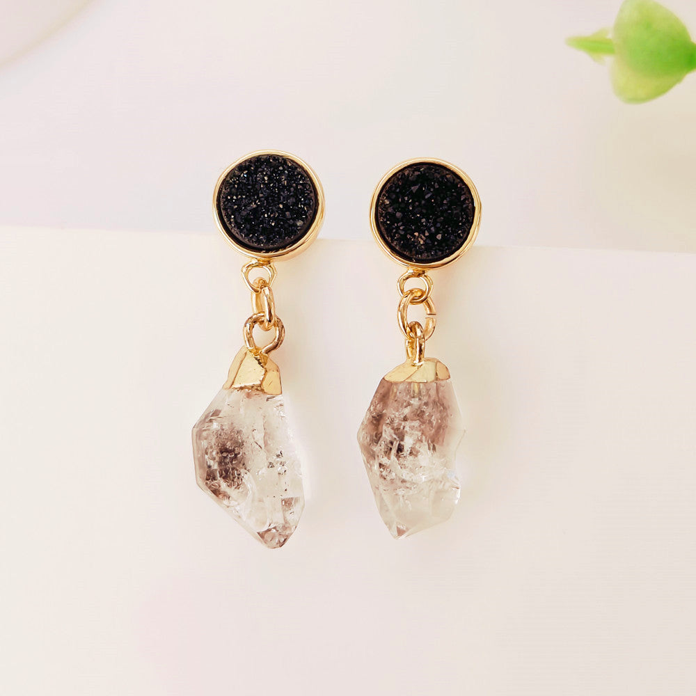 Custom Birthstone & Titanium Agate Druzy Stud Earrings, Gold Plated Raw Gemstone Crystals Personalized Jewelry Earrings AL1102