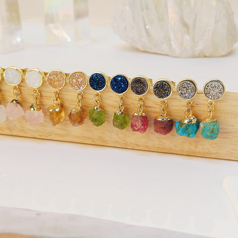 Raw Gemstone Titanium Druzy Crystal Earring Studs, Birthstones Earrings, Personalization Boho Jewelry Earrings AL1102