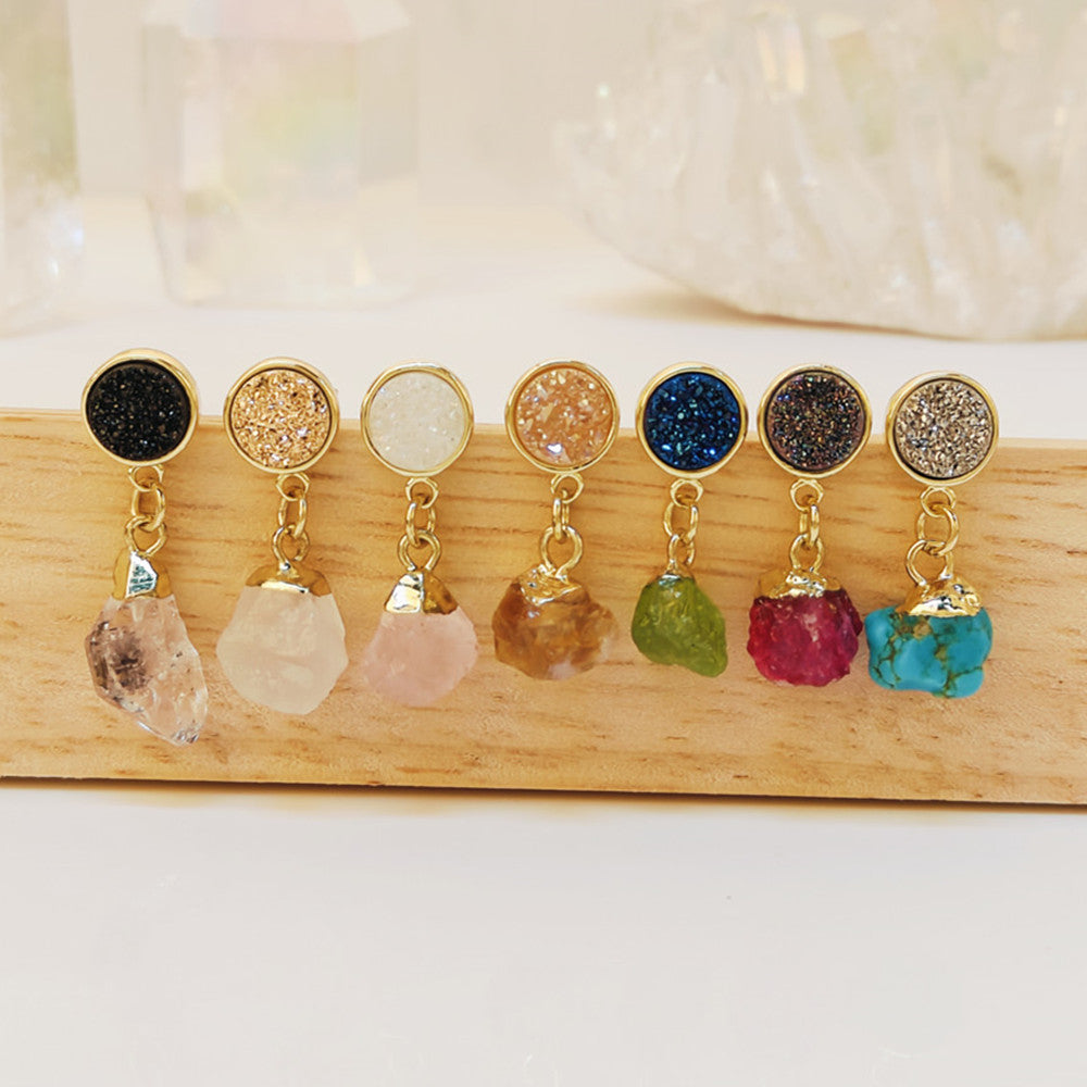 Gold Plated Titanium Agate Druzy & Raw Gemstone Stud Earrings, Birthstone Jewelry Earrings AL1102