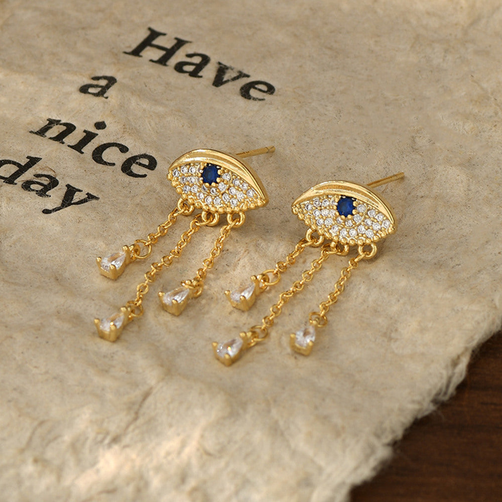 Fashion Gold CZ Micro Pave Evil Eye Tears Tassel Stud Earrings, S925 Silver Post, Boho Jewelry AL1103