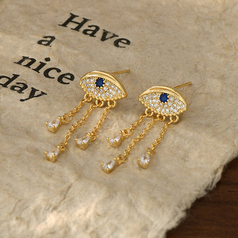 Fashion Gold CZ Micro Pave Evil Eye Tears Tassel Stud Earrings, S925 Silver Post, Boho Jewelry AL1103