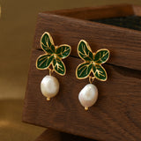 Baroque Fresh Water Pearl Green Leaf Dangle Stud Earrings, S925 Silver Post, Boho Jewelry AL1104