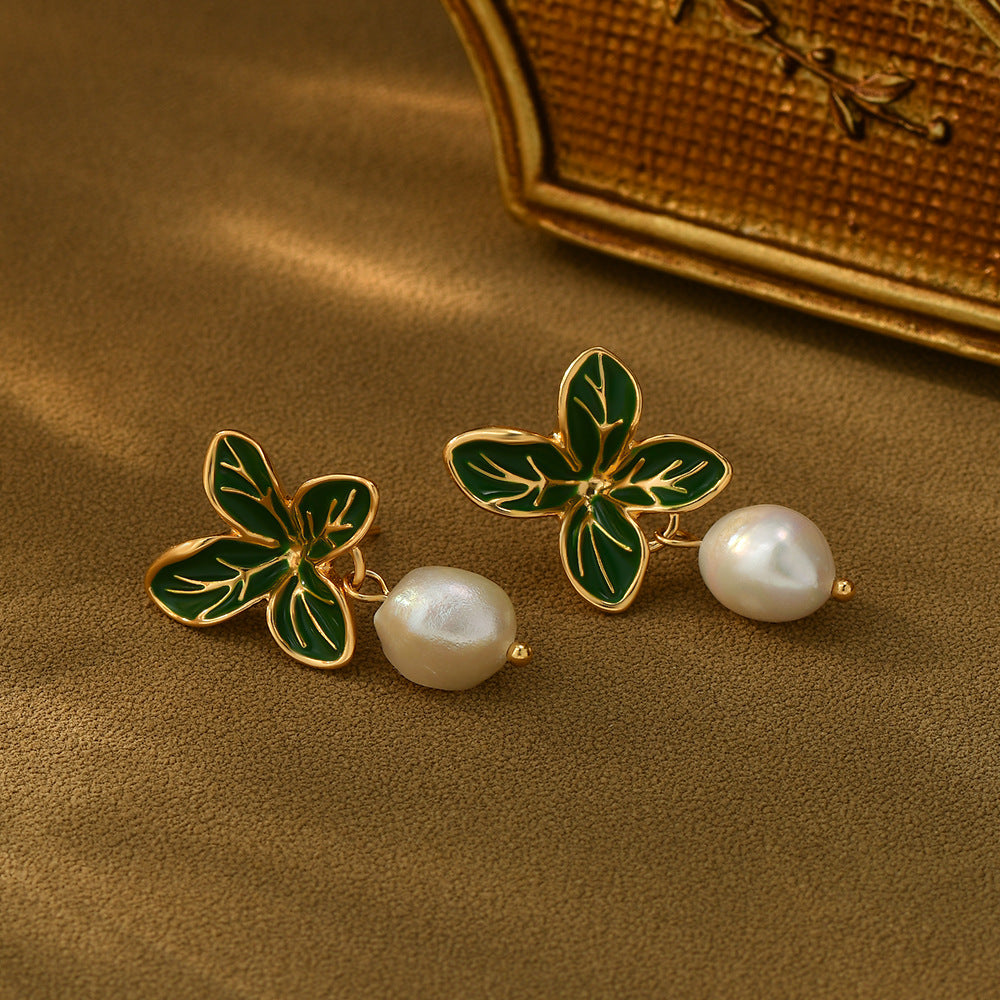 Baroque Fresh Water Pearl Green Leaf Dangle Stud Earrings, S925 Silver Post, Boho Jewelry AL1104