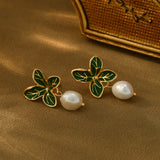 Baroque Fresh Water Pearl Green Leaf Dangle Stud Earrings, S925 Silver Post, Boho Jewelry AL1104