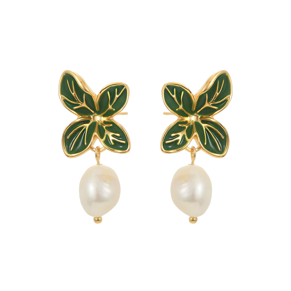 Baroque Fresh Water Pearl Green Leaf Dangle Stud Earrings, S925 Silver Post, Boho Jewelry AL1104