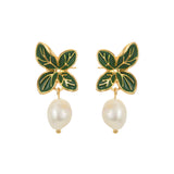 Baroque Fresh Water Pearl Green Leaf Dangle Stud Earrings, S925 Silver Post, Boho Jewelry AL1104